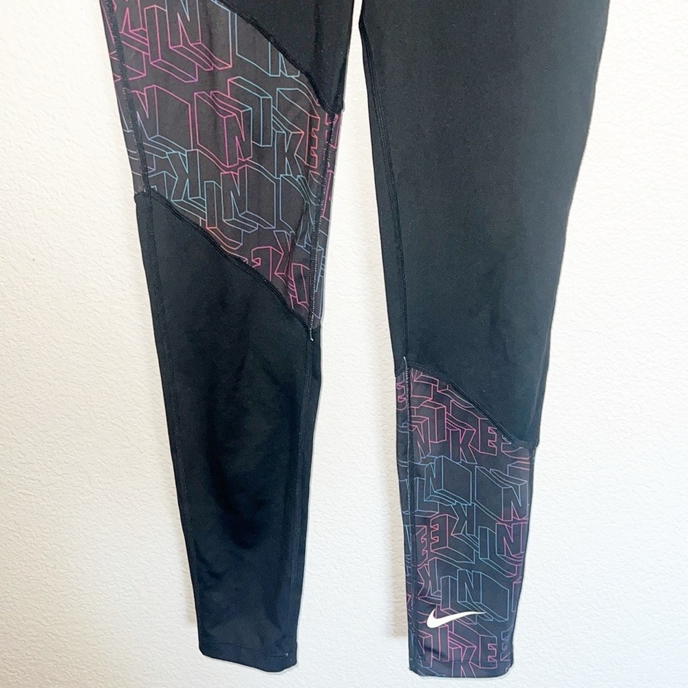 Nike Black Colorful Letter Girls Dri-Fit Tight Fit Colorblock Spell Out Leggings - Picture 3 of 11